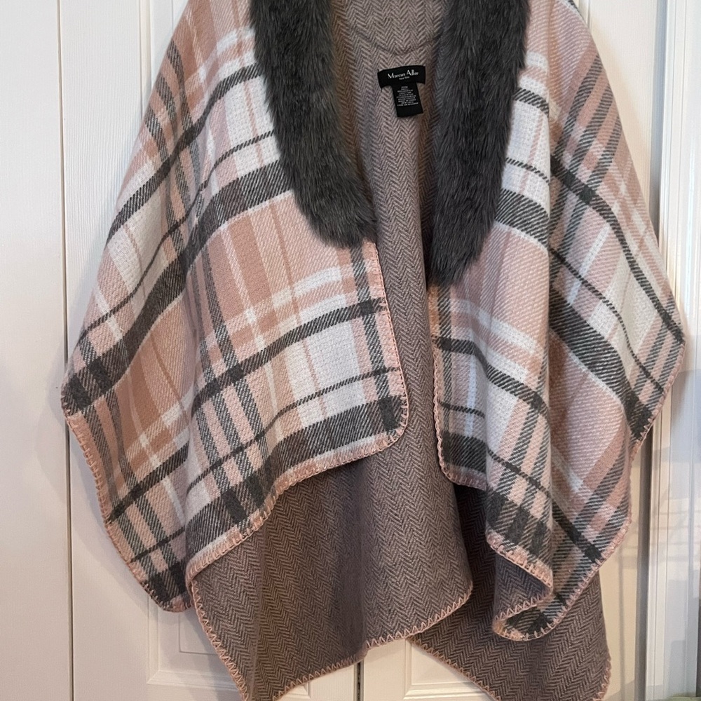 Marcus Allen New York Wrap Me Up Plaid Poncho with Faux Fur Collar